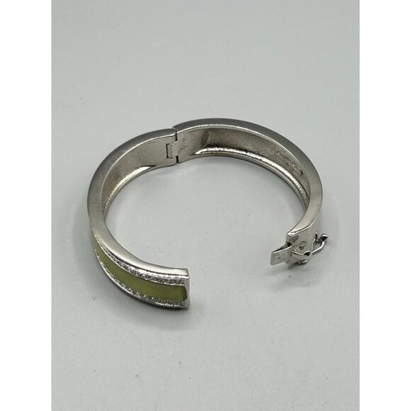 Signed Camille Lucie Hinged Bangle Bracelet Yellow Green Enamel and Rhinestones - Picture 6 of 8